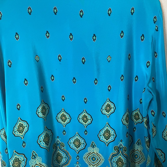 Vintage Silk Blouse By Beth Terrell Blue Geo Print Top Size M Sustainable Office - Picture 7 of 12